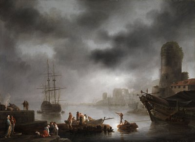 Havenlandschap bij maanlicht door Georg Ludwig Eckhardt